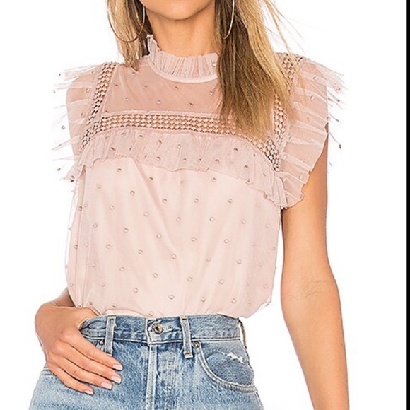 BB Dakota Tops - BB Dakota Roslyn Blush Champagne Pink Swiss Dot Ruffle Top XS